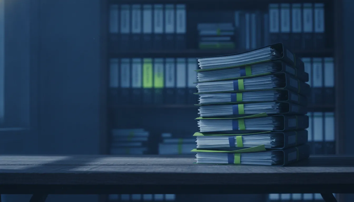 A stack of regulatory documents on a desk in a dimly lit office