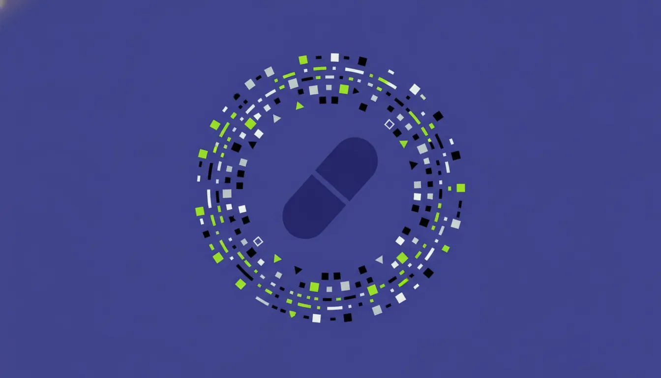 A minimalist illustration of a pill surrounded by a data stream, symbolizing AI in healthcare.