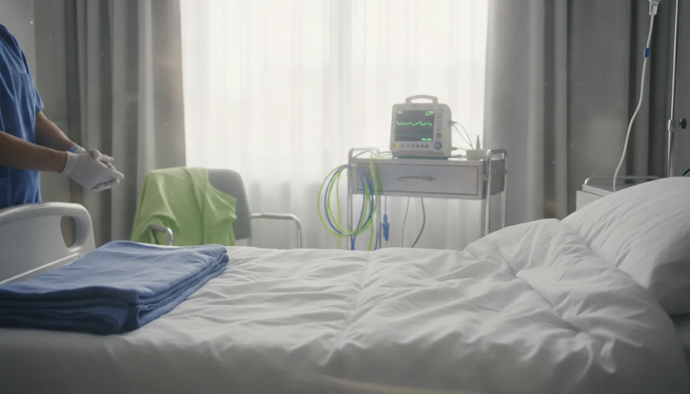 A hospital bed in a softly lit room with medical equipment nearby.