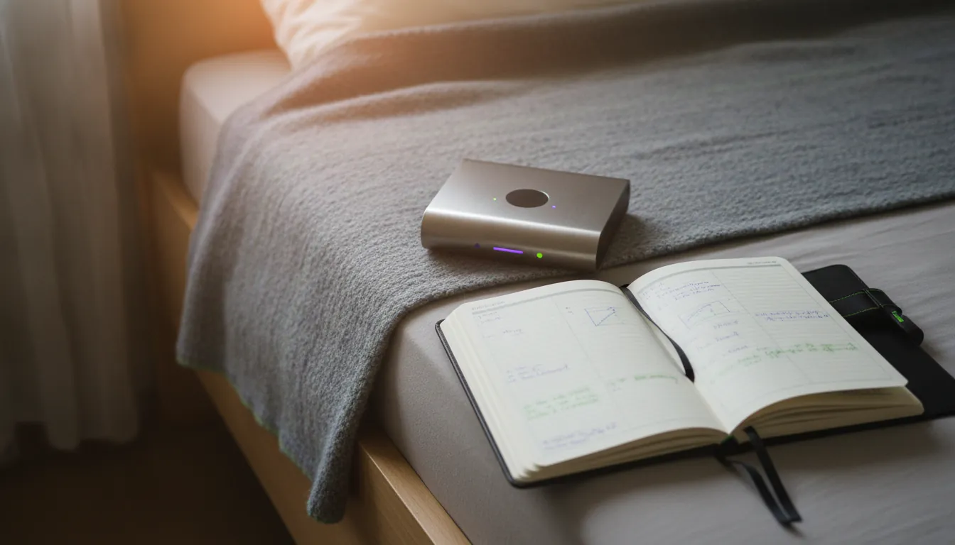 Chronotrack device on a bedside table next to a sleep diary in a cozy bedroom