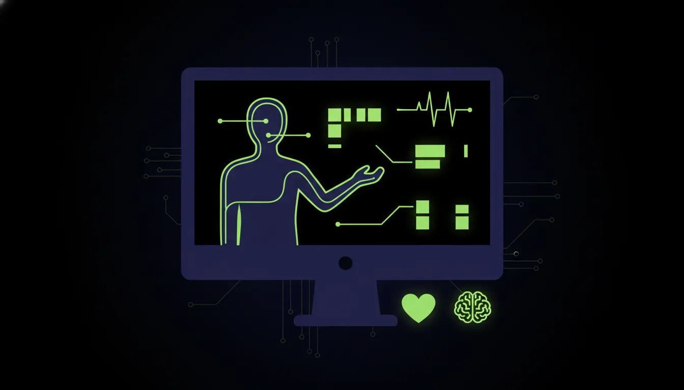 A minimalist illustration of a monitor and patient interaction in a dark color scheme.