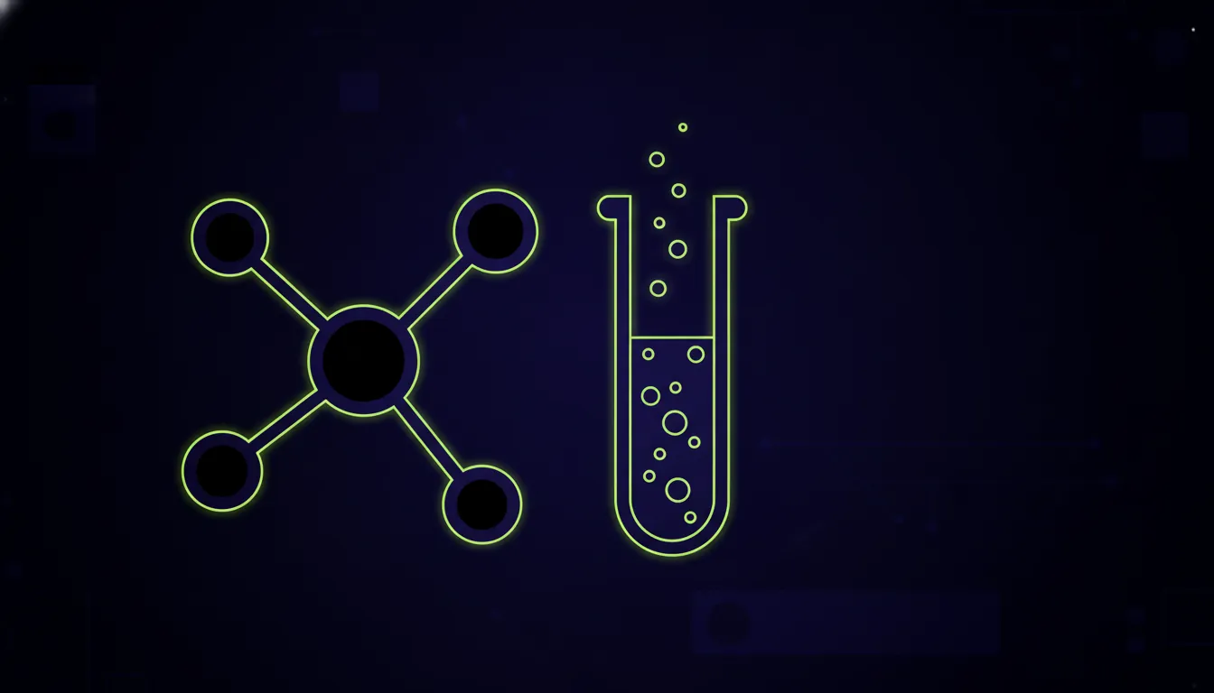 A minimalist representation of a molecule and a test tube in a dark color scheme.