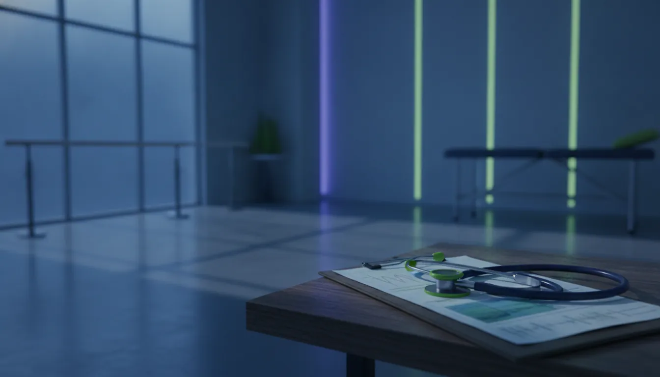 A stethoscope on a patient chart in a dimly lit clinic