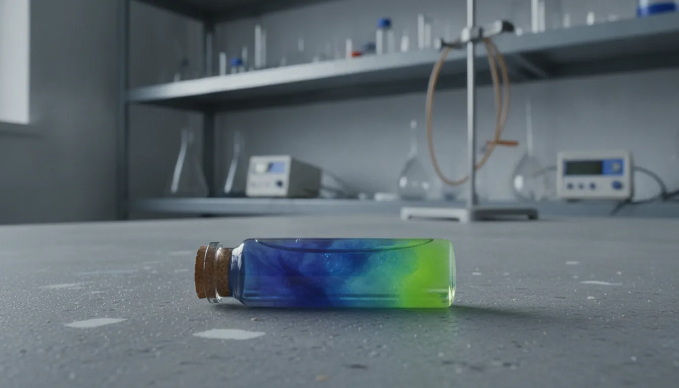 A glass vial with a drug compound on a lab bench