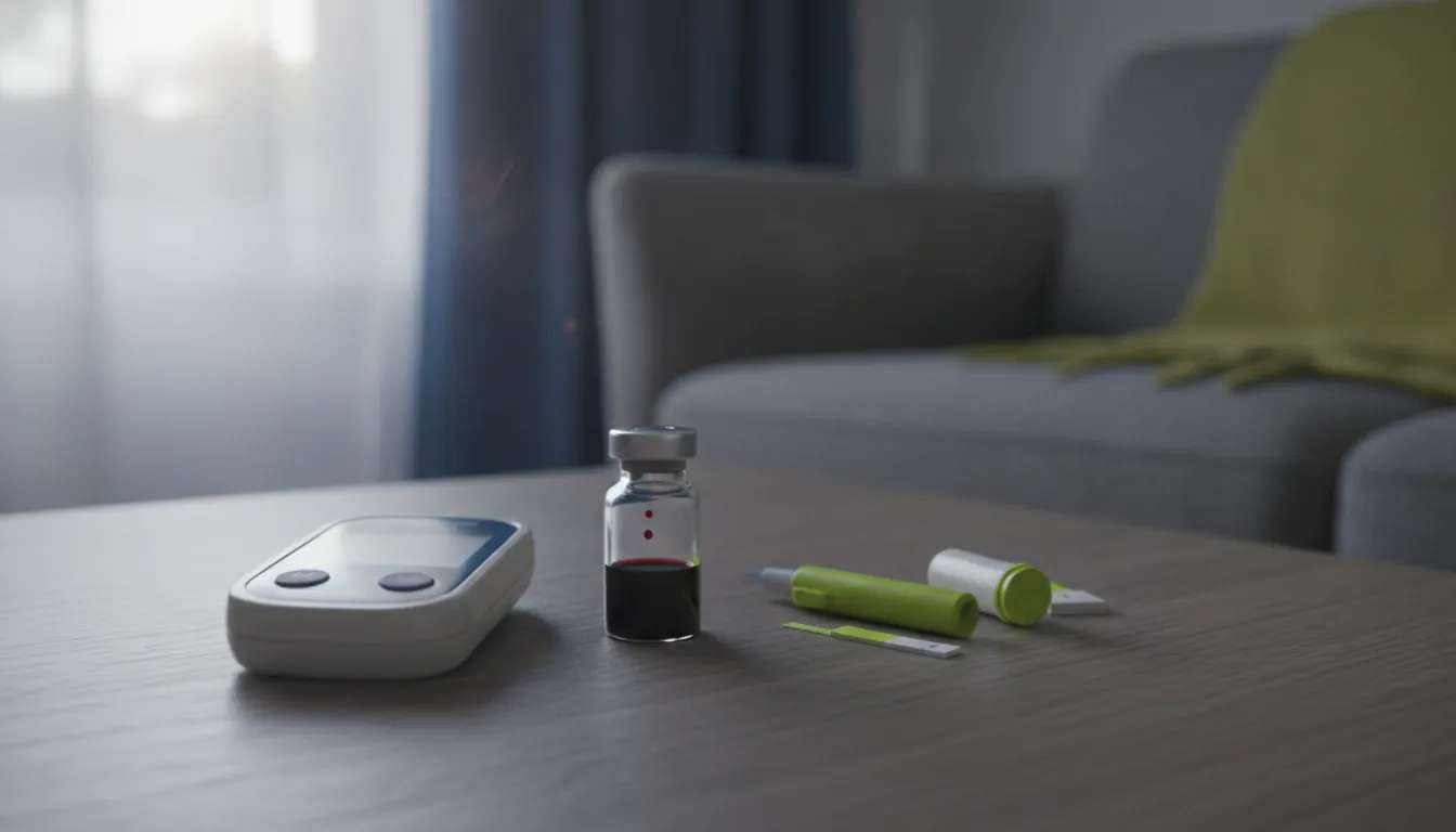 A glucose meter and blood sample in a clinical setting