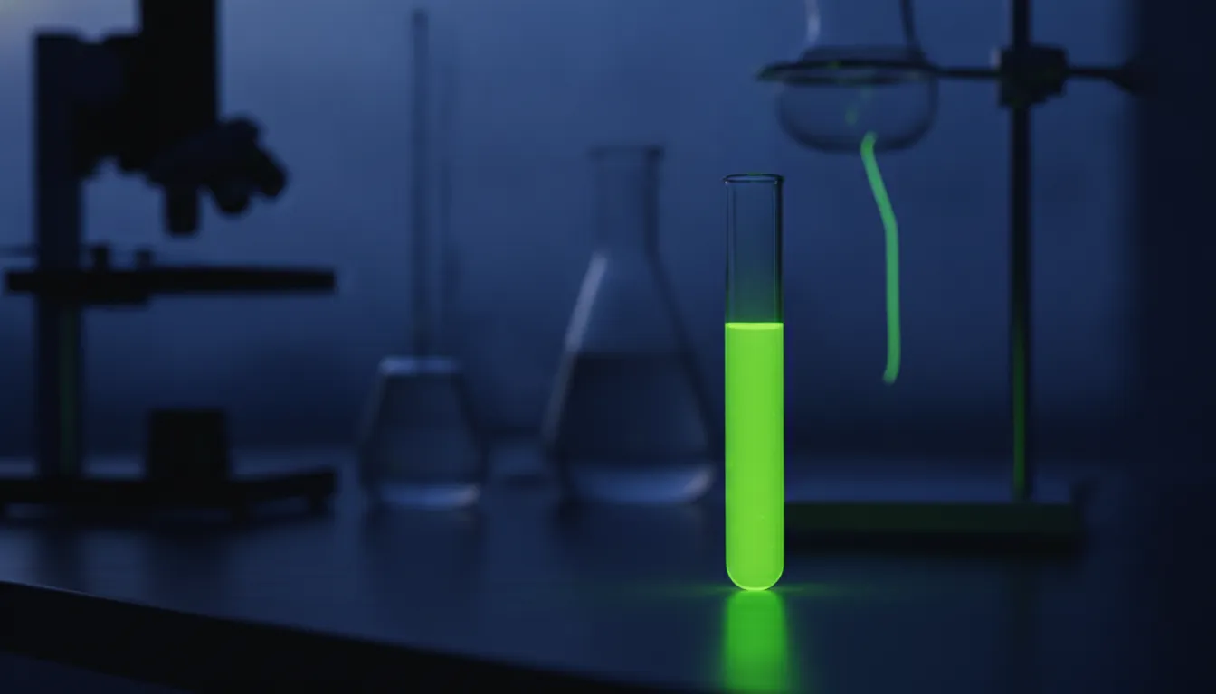 A test tube with a colorful liquid in a dim laboratory setting
