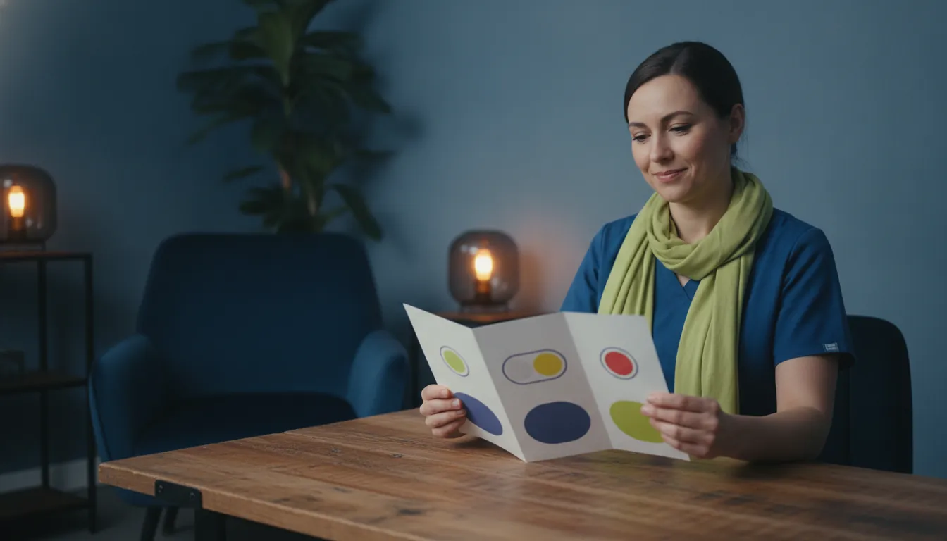 Midwife holding breastfeeding support pamphlet in consultation room