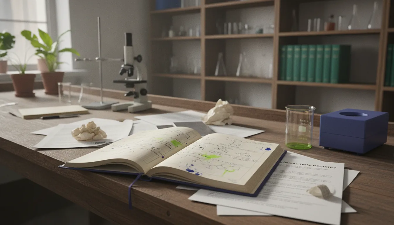 A research notebook on a lab bench with clinical trial documents in a laboratory setting.