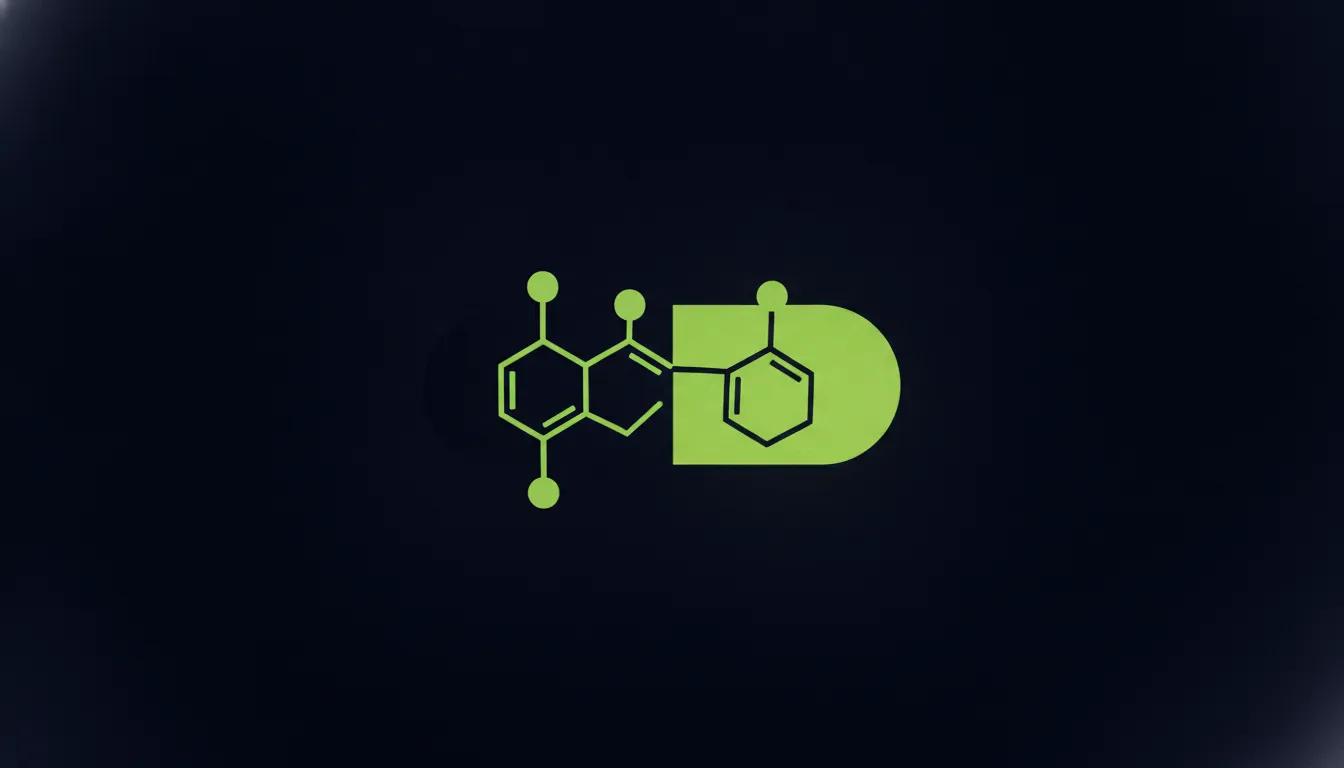 A minimalist illustration of a pill and molecular structure in a dark palette.