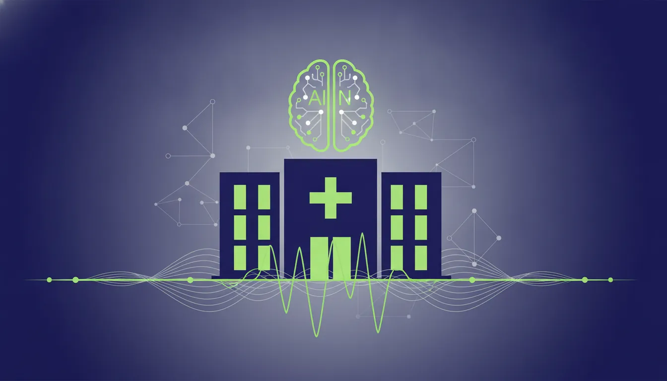 A minimalist representation of a hospital with an AI brain icon, symbolizing smart healthcare.