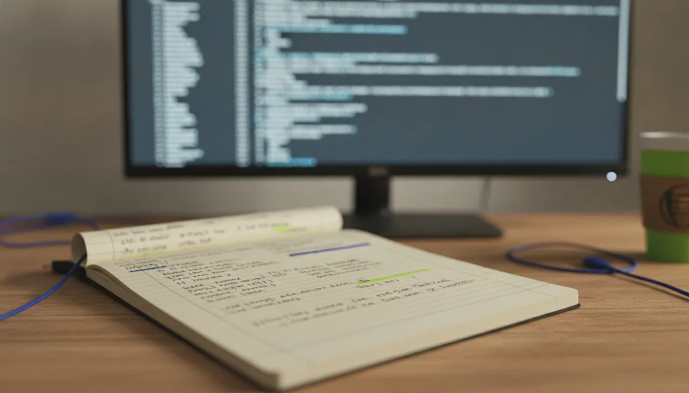 A notepad with code snippets on a desk in a tech workspace