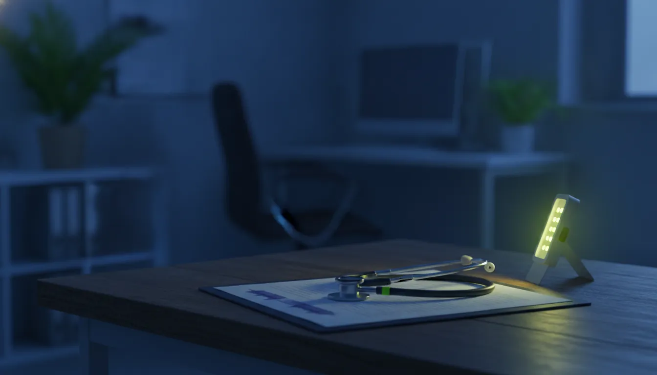 A stethoscope on a medical chart in a dimly lit hospital office