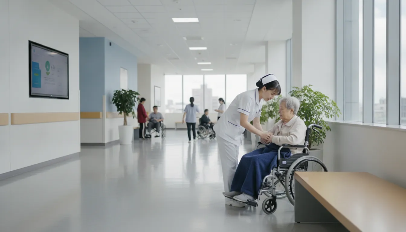Nurse assisting patient in hospital corridor