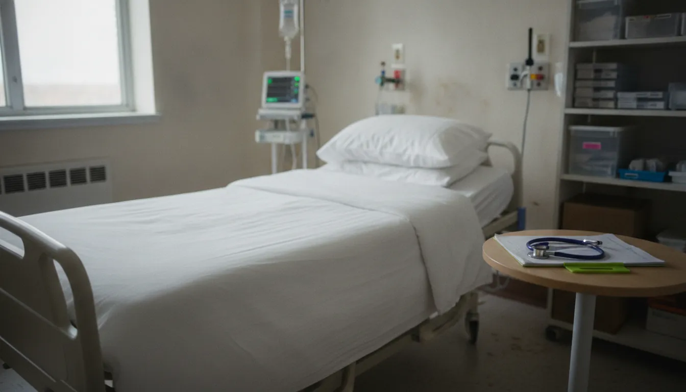 A hospital bed in a well-lit room with medical equipment nearby.