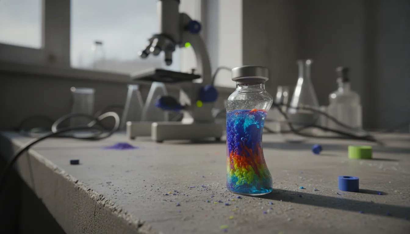 A glass vial with a drug compound on a lab bench next to a microscope.