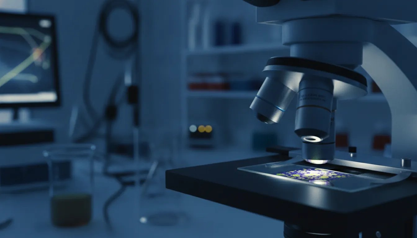 A tissue sample on a microscope slide in a dimly lit lab