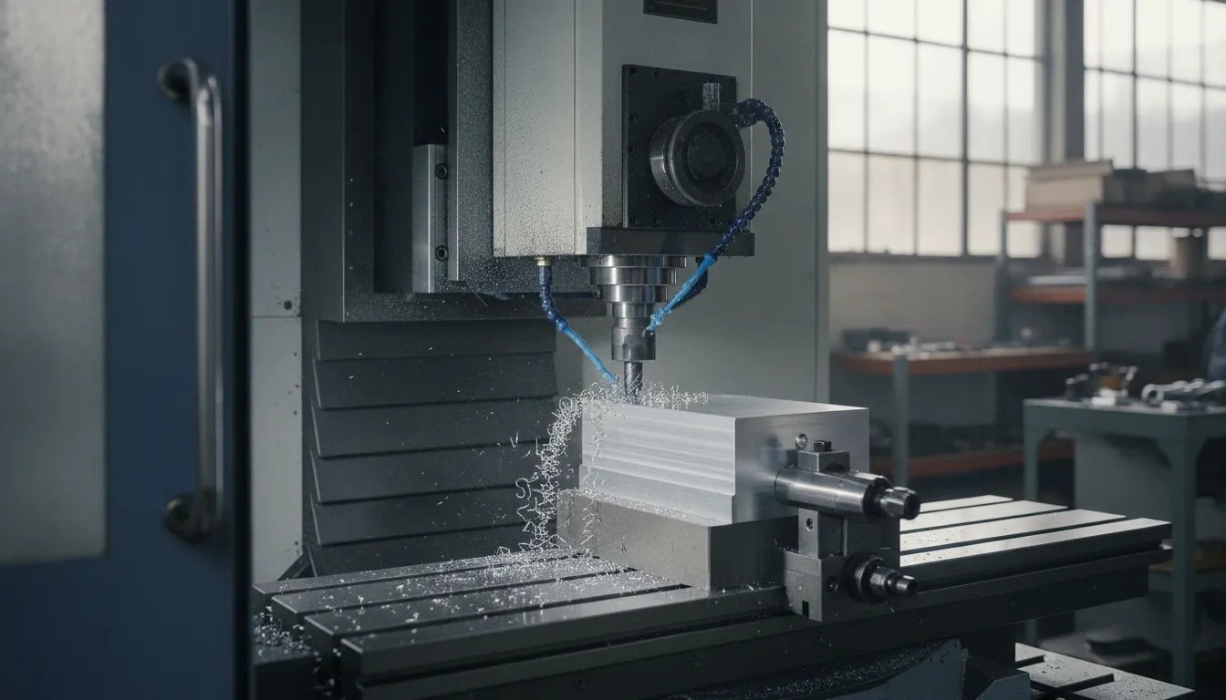 CNC machine cutting a metal workpiece in a machine shop