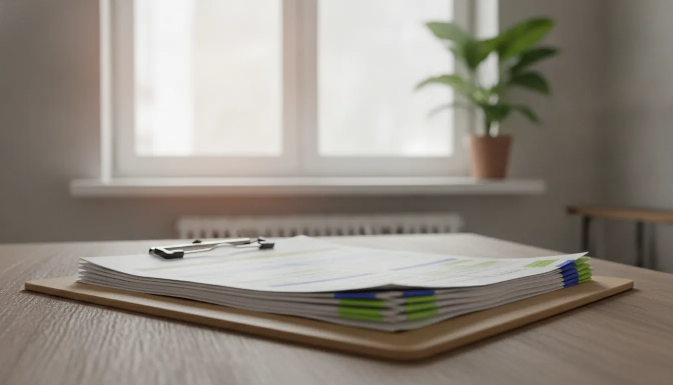 A clipboard with patient records on a wooden desk in a clinical office setting.