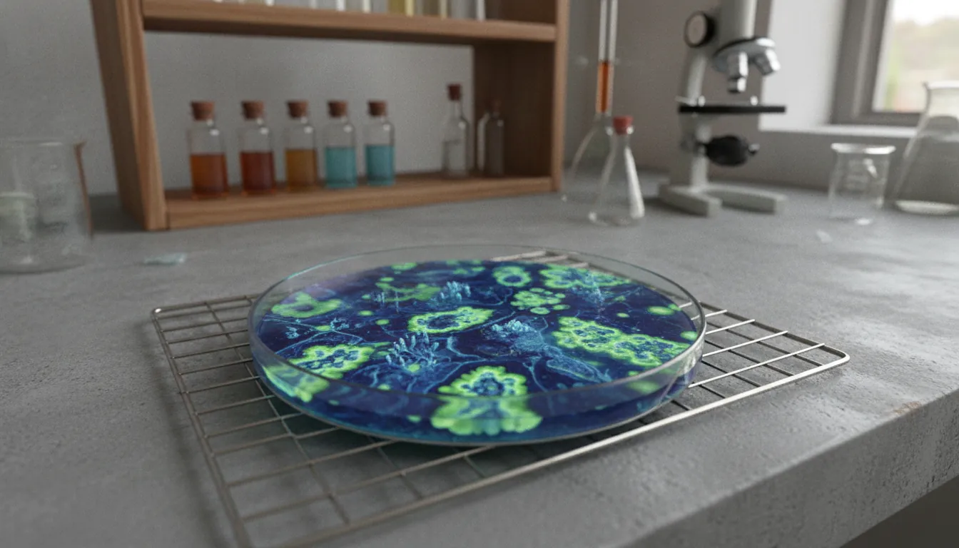 A petri dish with antimicrobial cultures in a lab setting.