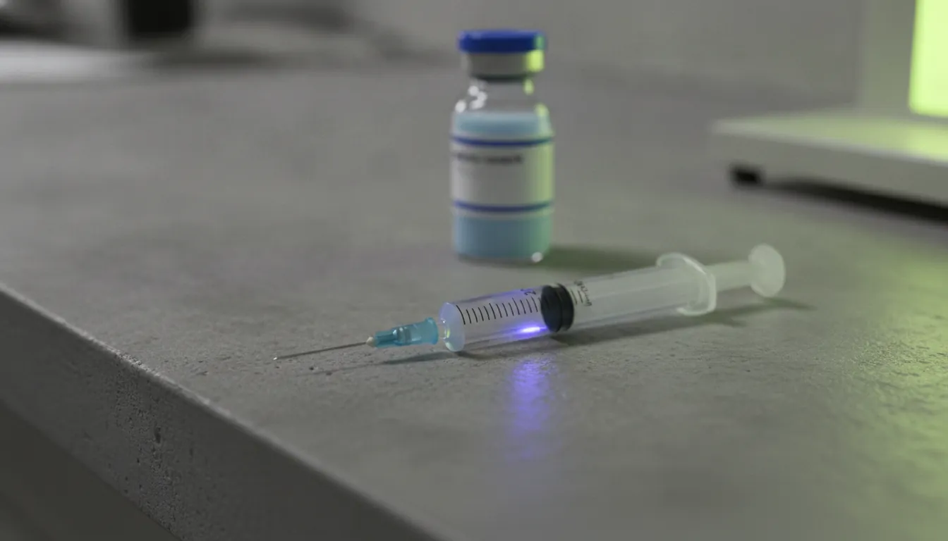 A syringe and vial in a clinical lab setting