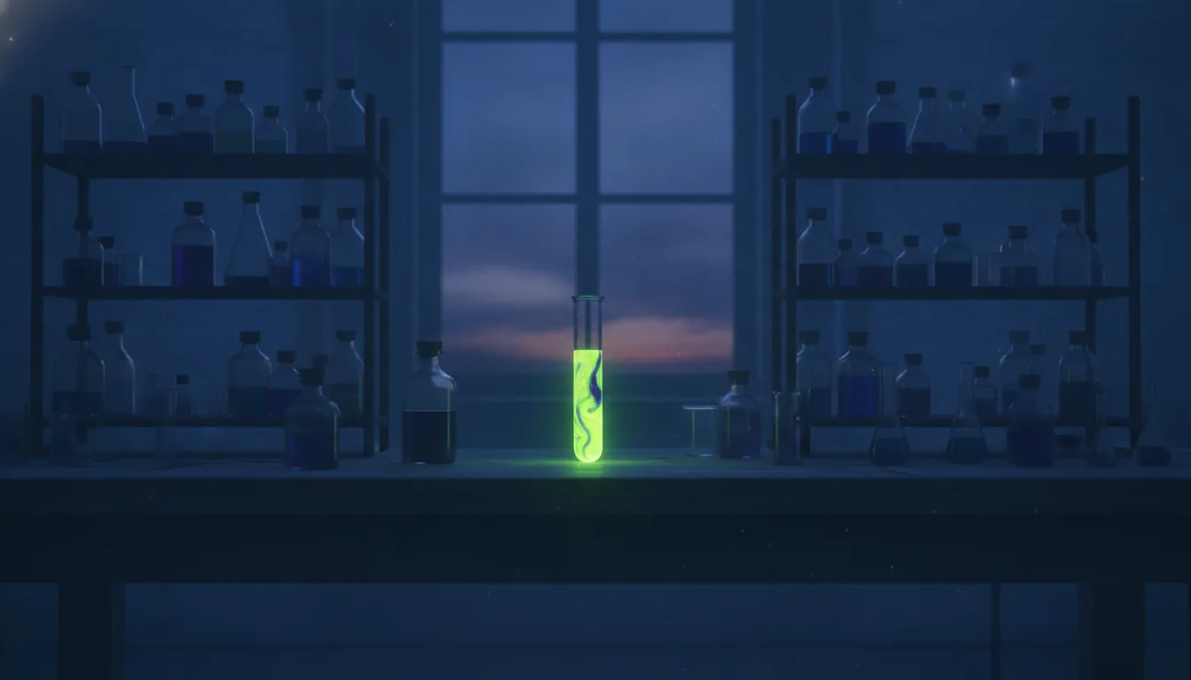 A test tube with a colorful chemical compound in a dimly lit lab