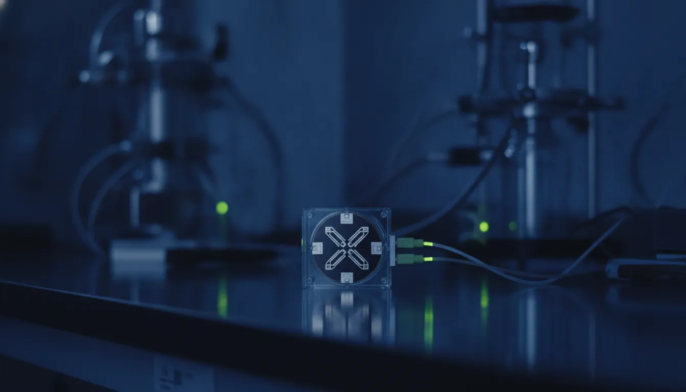 A qubit device on a lab bench in a dimly lit laboratory