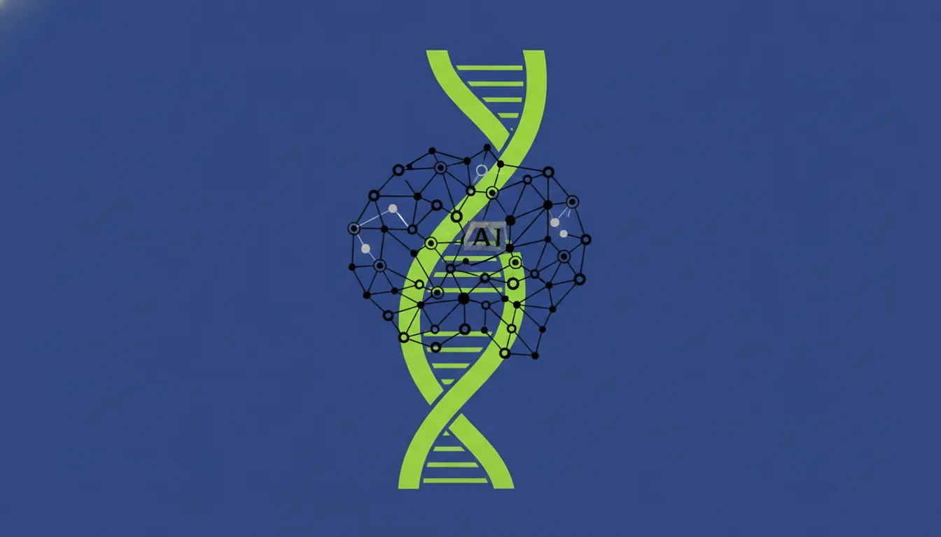 Flat illustration of a DNA strand and AI molecule