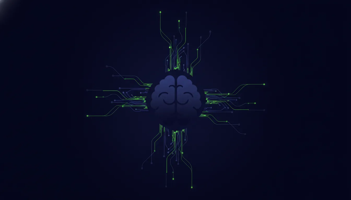 Minimalist illustration of an AI brain icon with data flow lines in a dark theme