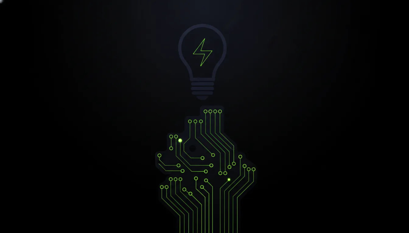 A minimalist illustration of a light bulb and circuit board in a dark palette.