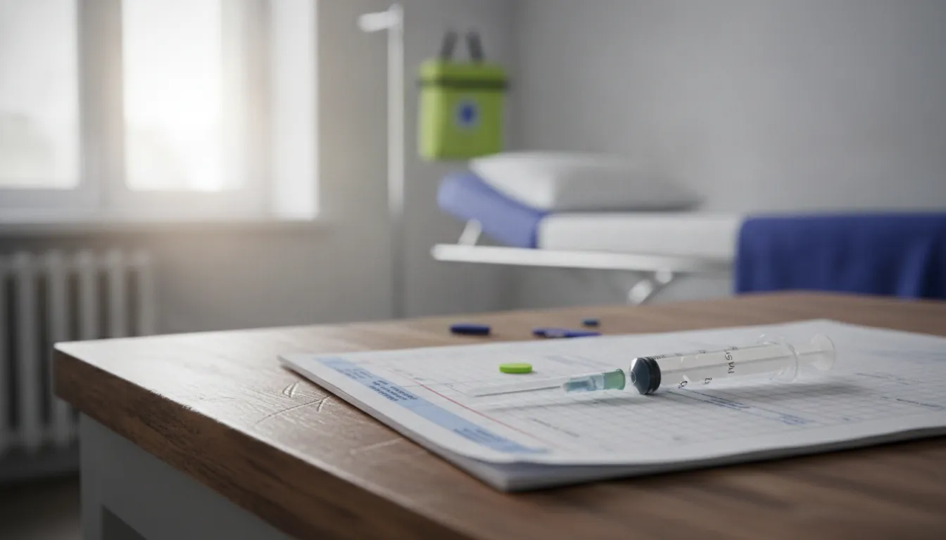 A syringe on a medical chart in a clinical setting