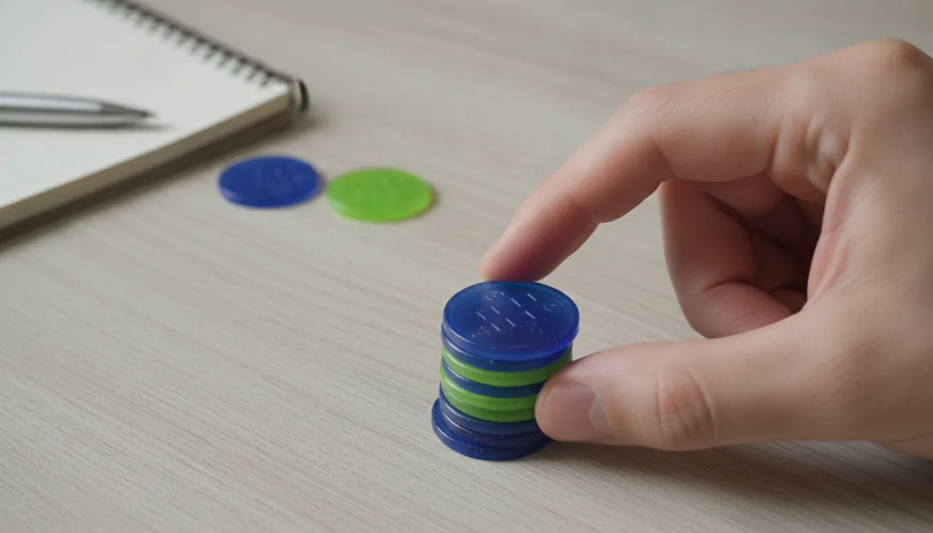 A hand holding credit tokens in an office setting