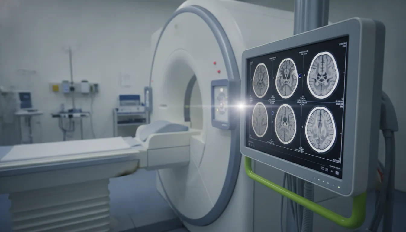 MRI machine displaying a brain scan in a clinical setting