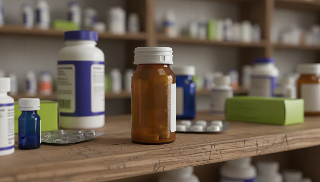 A pill bottle on a pharmacy shelf