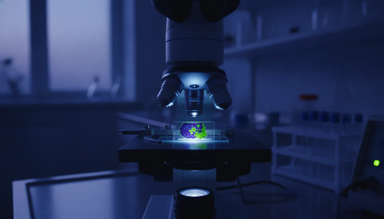 A biopsy sample on a microscope slide in a dim laboratory setting.