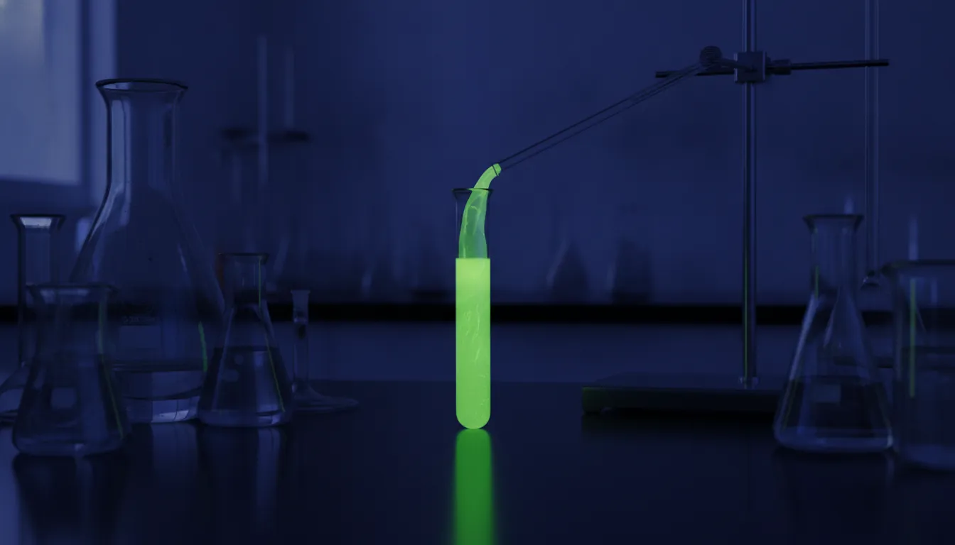 A test tube with a chemical compound in a dimly lit lab setting.