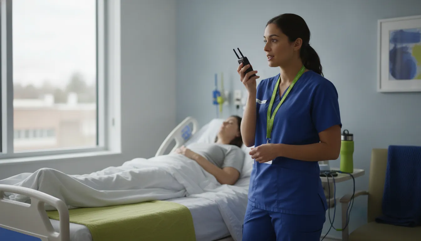 A nurse documenting patient information with a voice recorder in a hospital room.