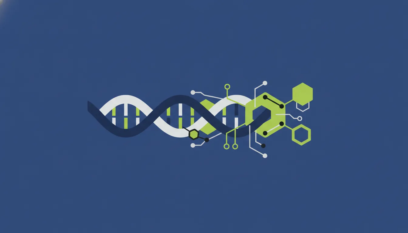 A minimalist illustration of a DNA strand and molecule representing AI in drug discovery.