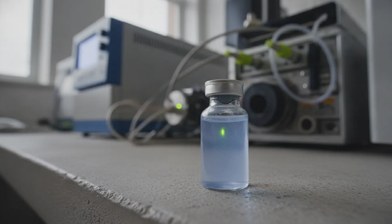 A protein sample in a glass vial on a lab bench with spectroscopy equipment in the background.