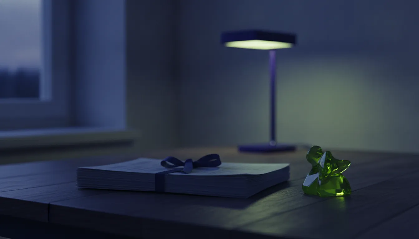 A stack of medical reports on a desk in a dimly lit office