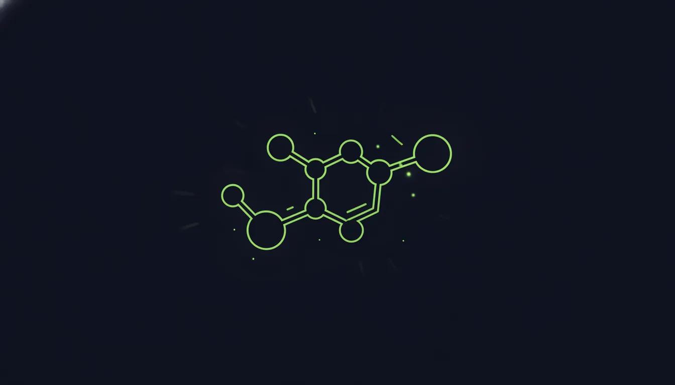 A minimalist representation of a small molecule structure in a dark palette.