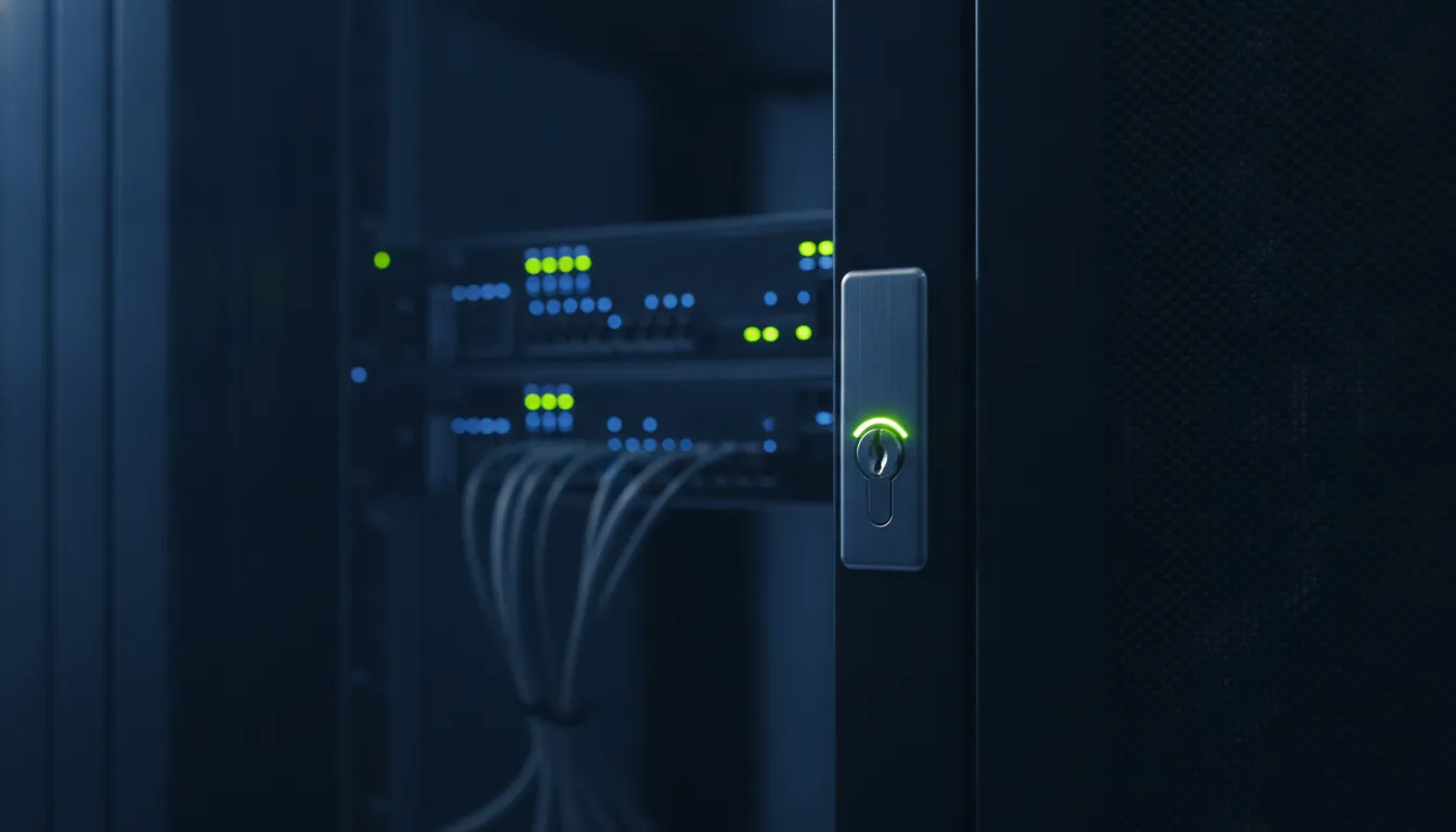 A security lock on a server cabinet in a dimly lit room, symbolizing cybersecurity in healthcare.