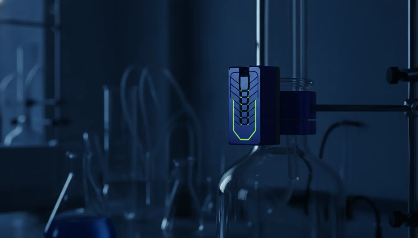 A sophisticated sensor on a bioreactor in a dimly lit laboratory