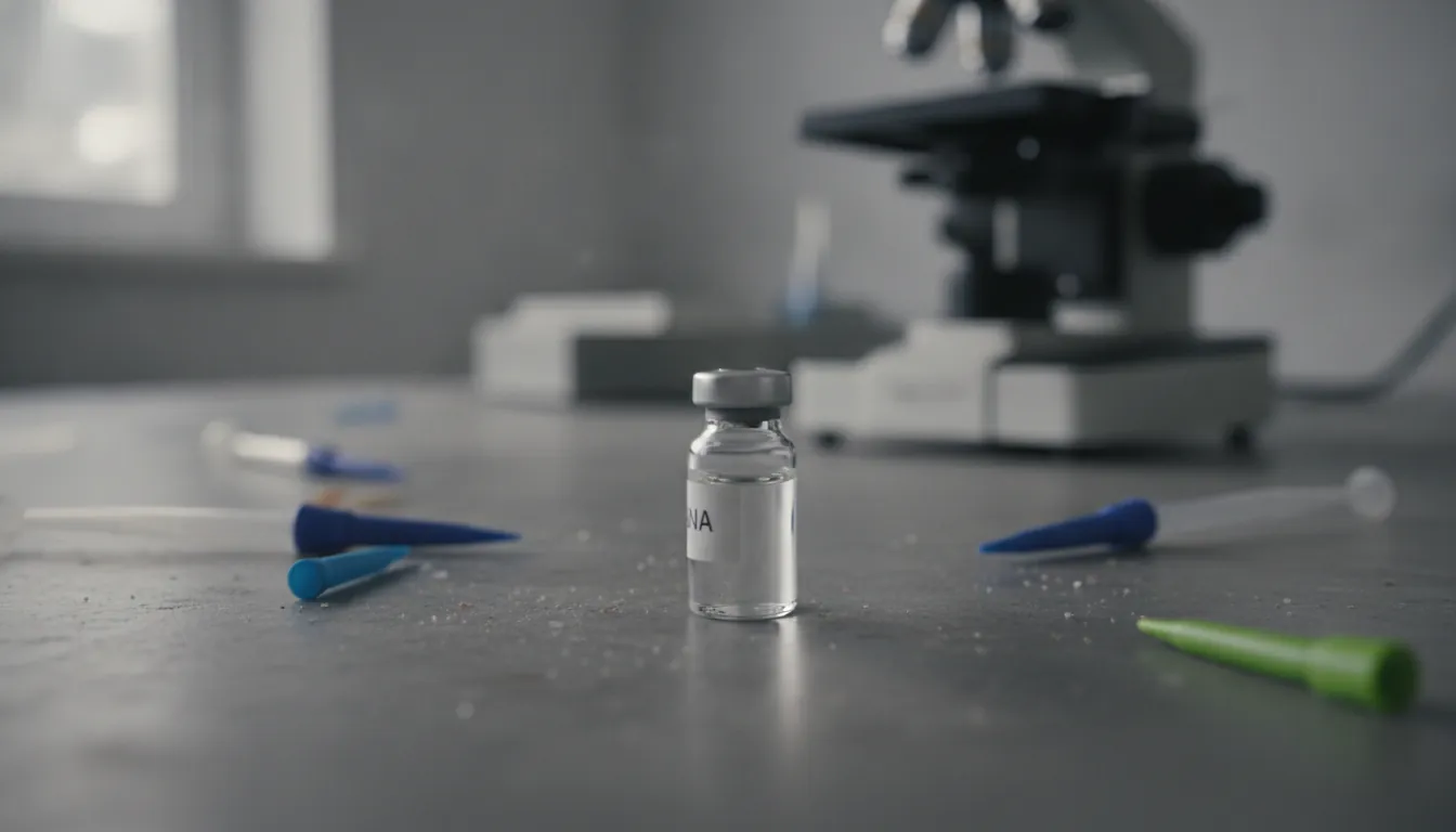 A vial of RNA on a lab bench with scientific equipment in the background.