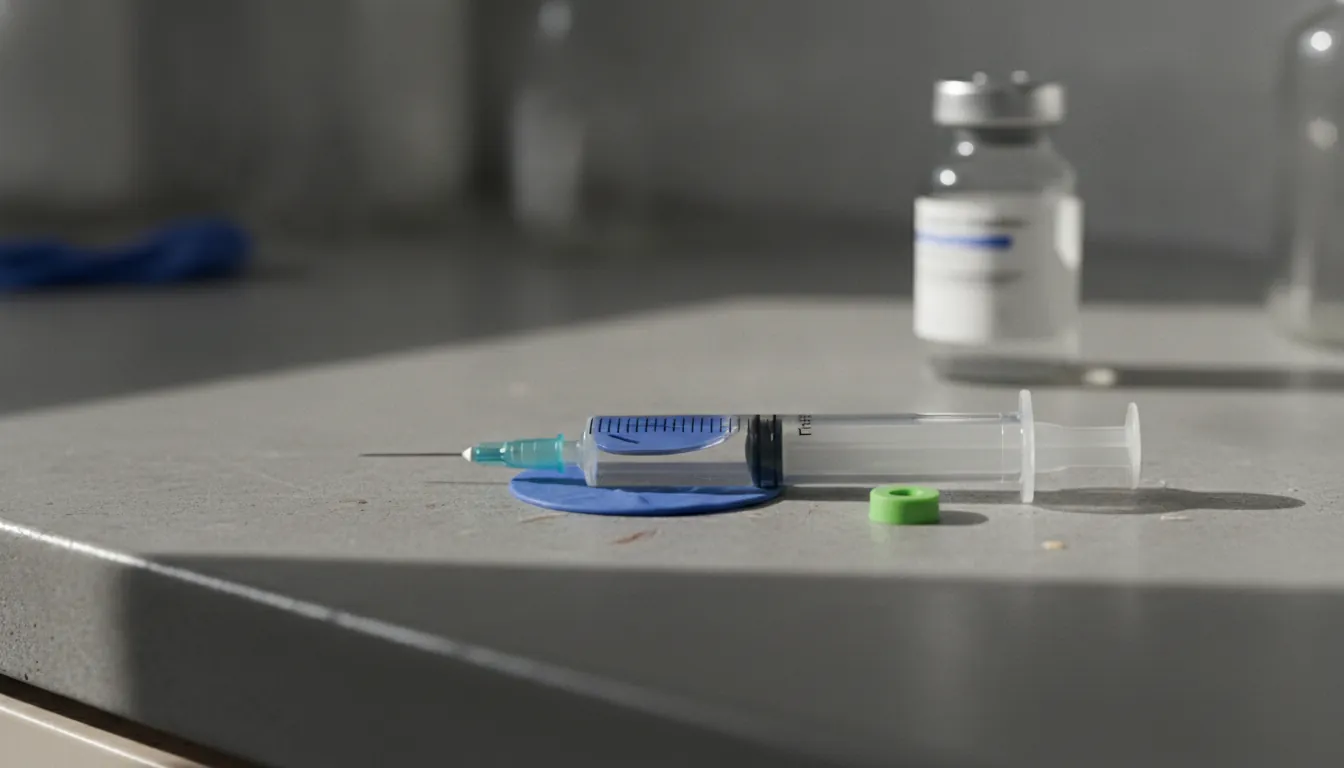 A syringe and vial in a clinical lab setting