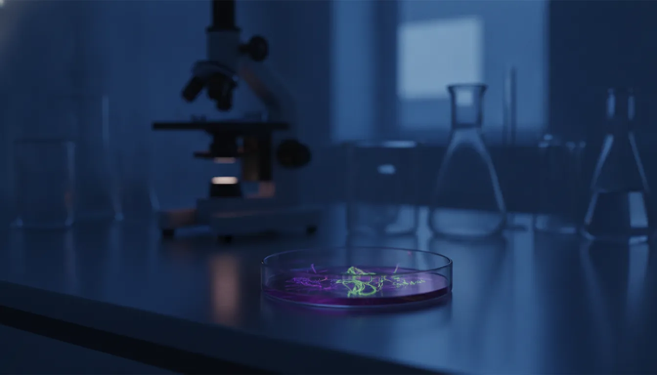 A petri dish with a biological sample in a dimly lit lab setting.