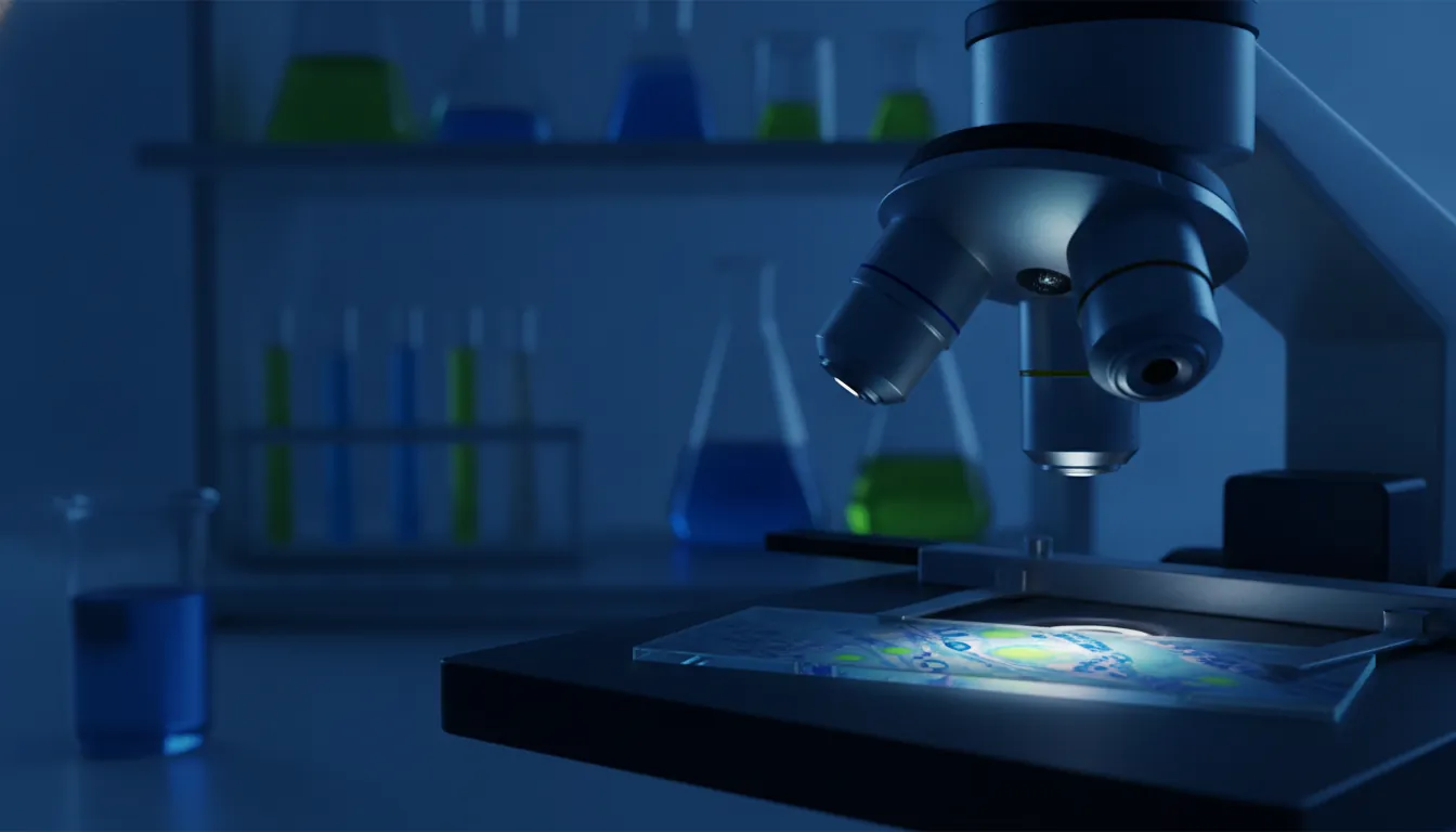 A tissue sample on a microscope slide in a dimly lit lab