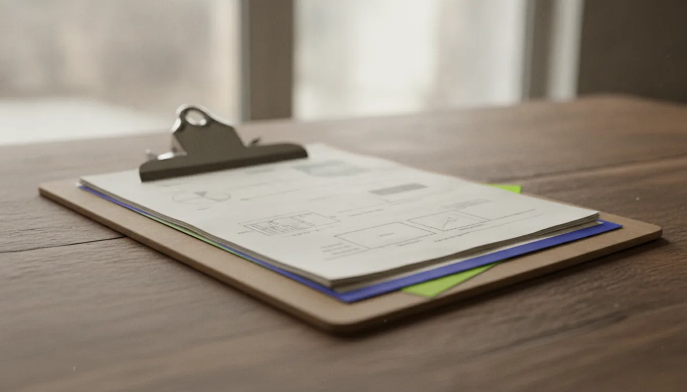 A clipboard with documents on a desk in an office setting