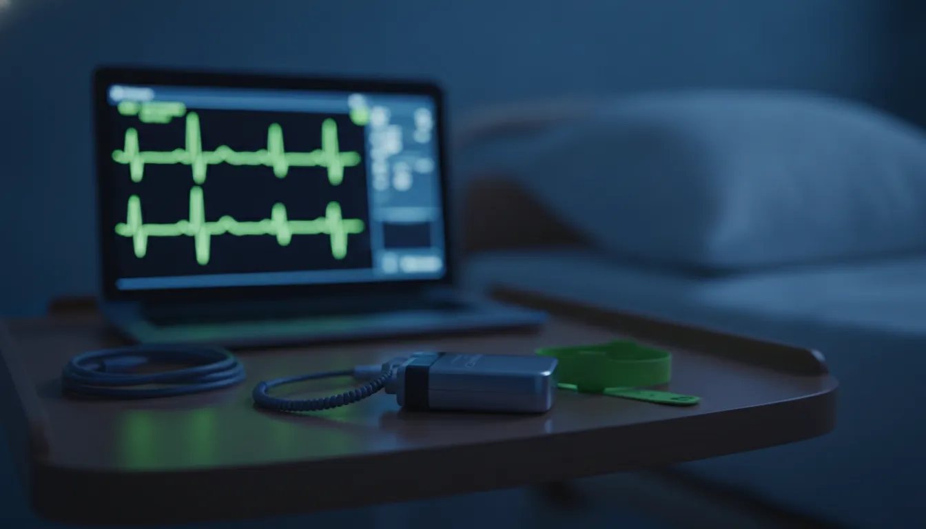 A cardiac implantable device on a hospital bedside table with a heart monitor in the background.