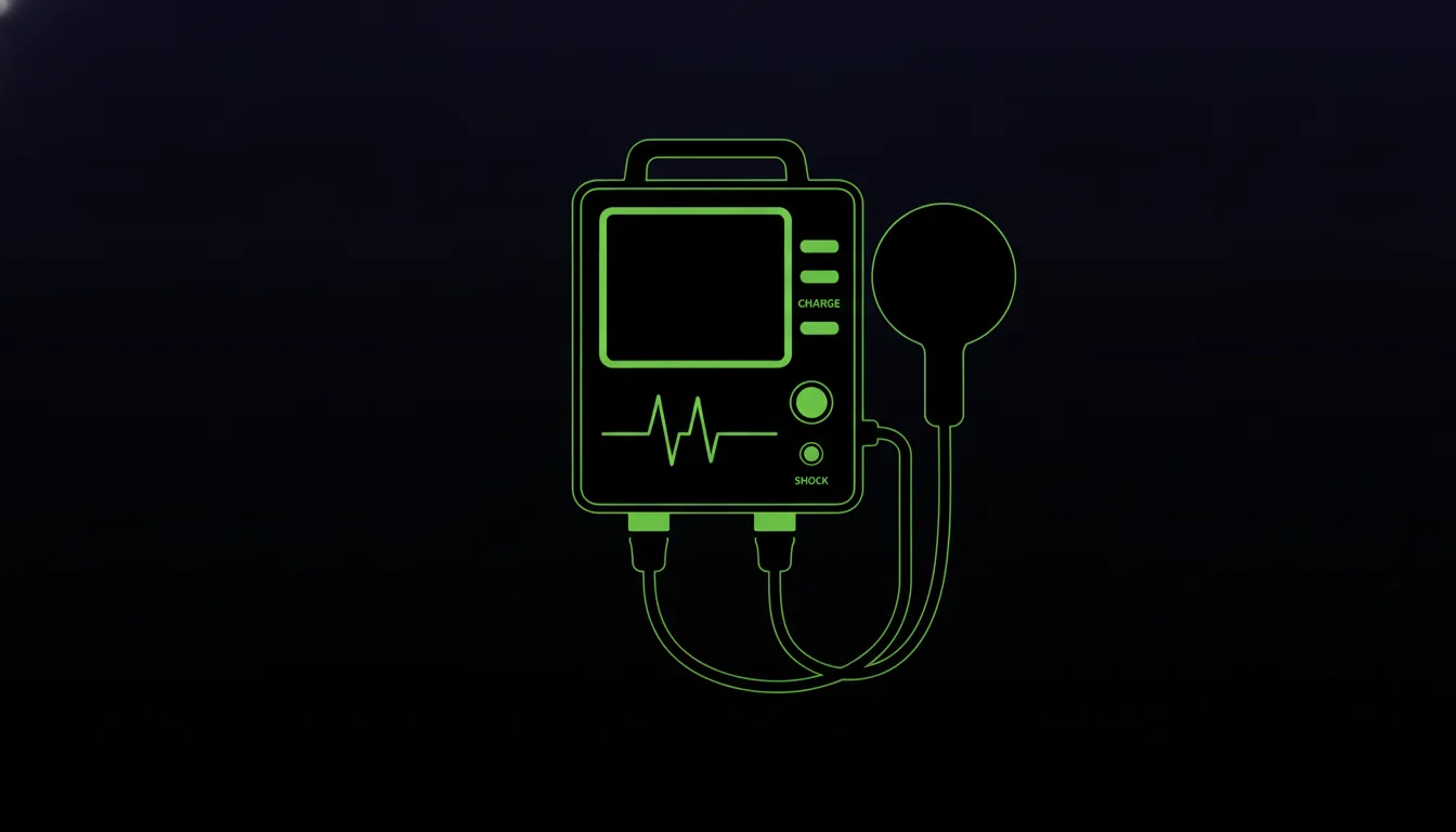 A minimalist representation of a manual defibrillator in a dark color scheme.