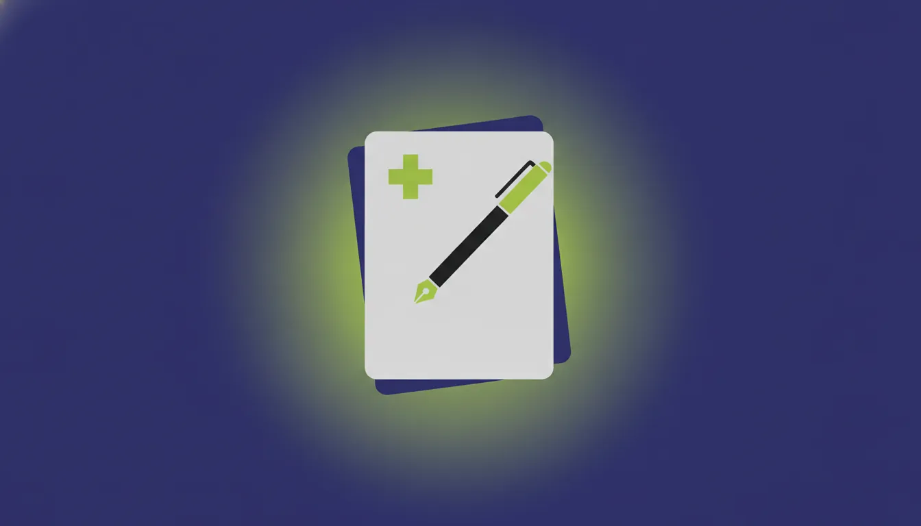 A flat illustration of a document and pen representing medical records.